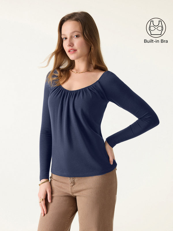 ProWarm Ruched Scoop Neck Long Sleeve Brami Indigo XS