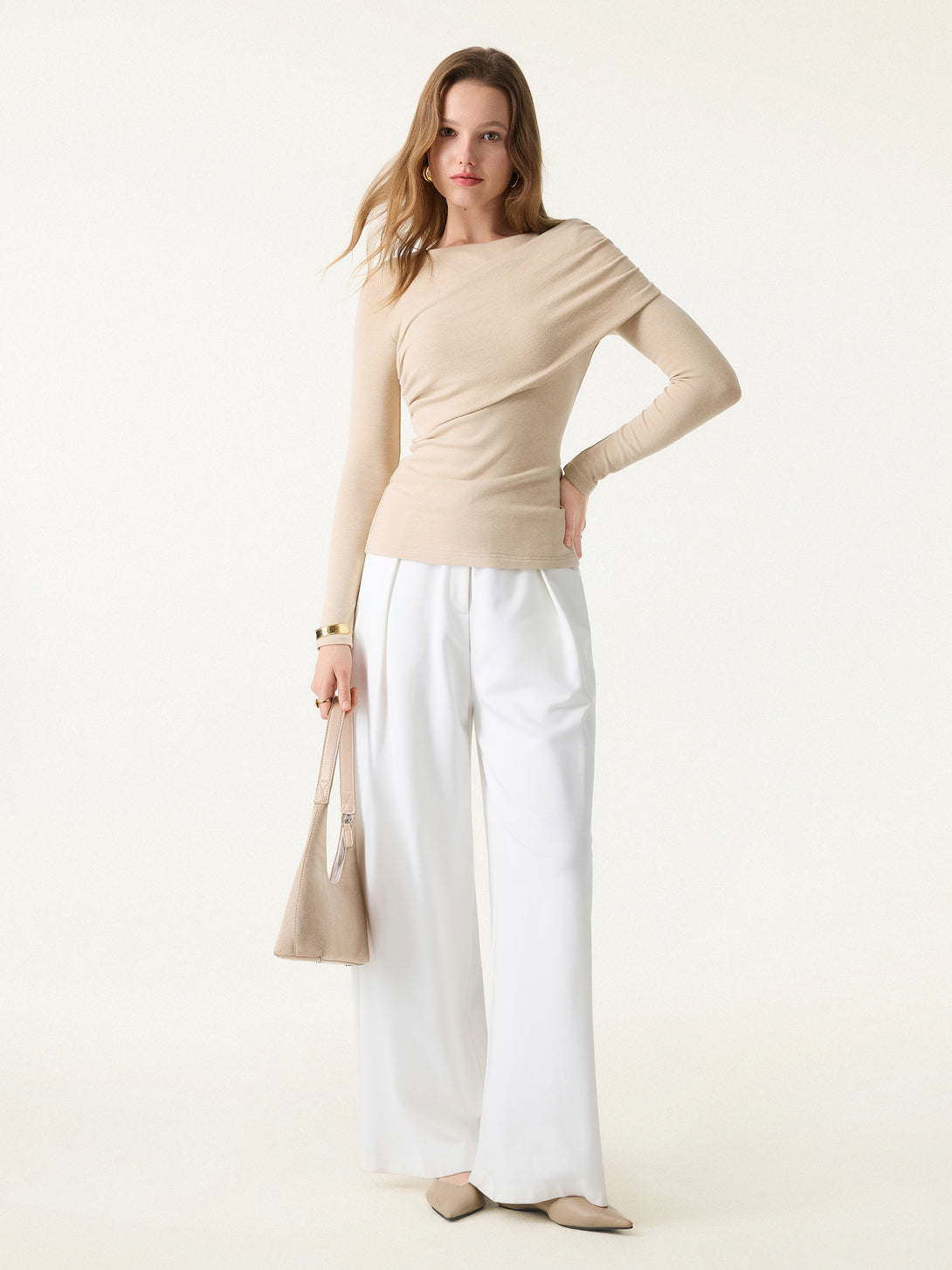 Tencel-Wool Gathered Semi Sheer Long Sleeve Brami Top