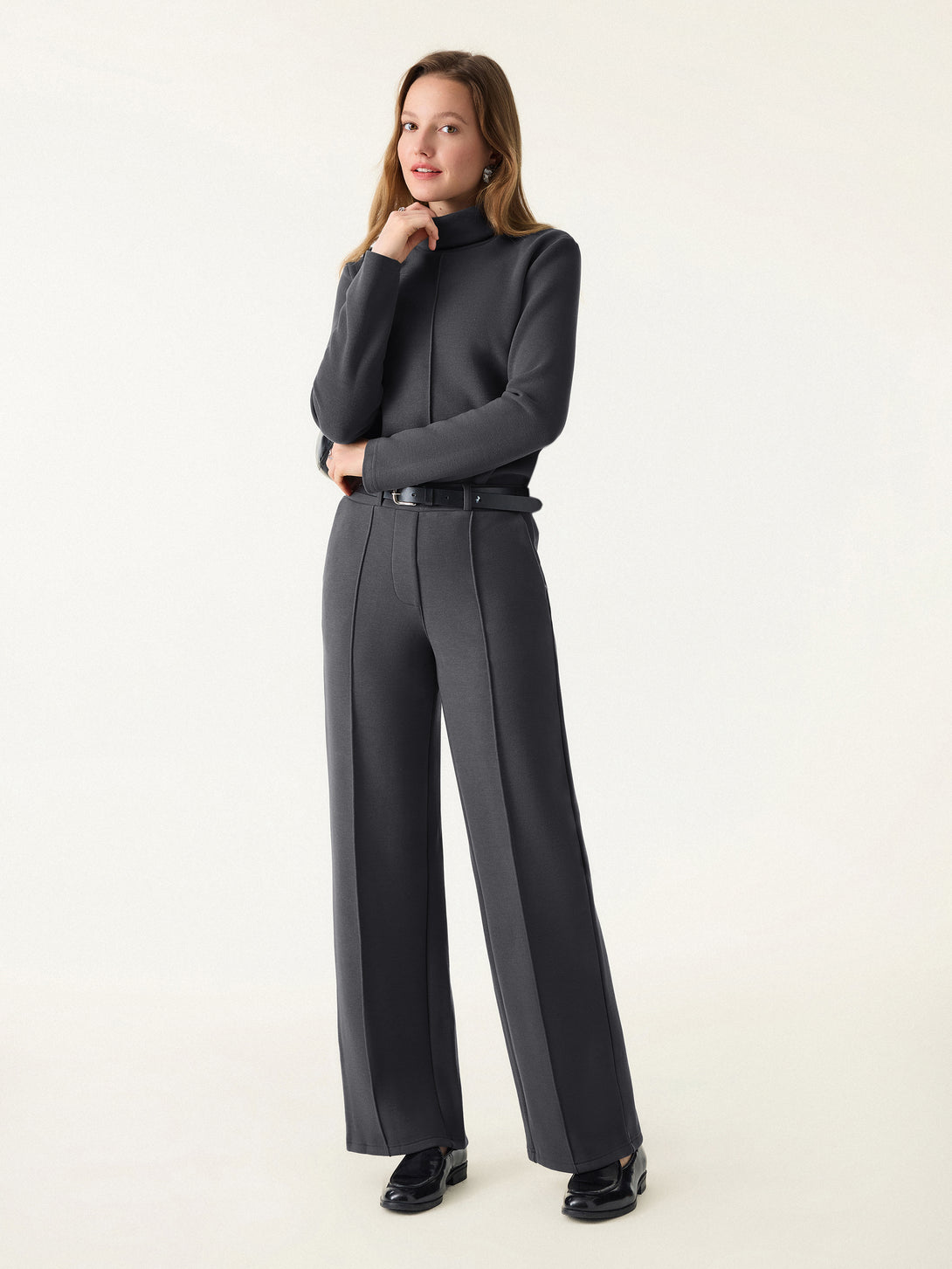 2Pcs Set FuzzLuxe Turtleneck Top & Regular High Waisted Straight Leg Pull On Pant Deep Grey XS