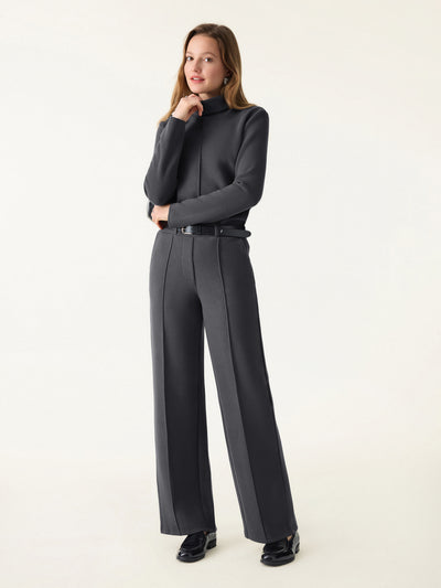 2Pcs Set FuzzLuxe Turtleneck Top & Regular High Waisted Straight Leg Pull On Pant Deep Grey XS