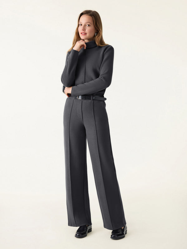 2Pcs Set FuzzLuxe Turtleneck Top & Regular High Waisted Straight Leg Pull On Pant Deep Grey XS