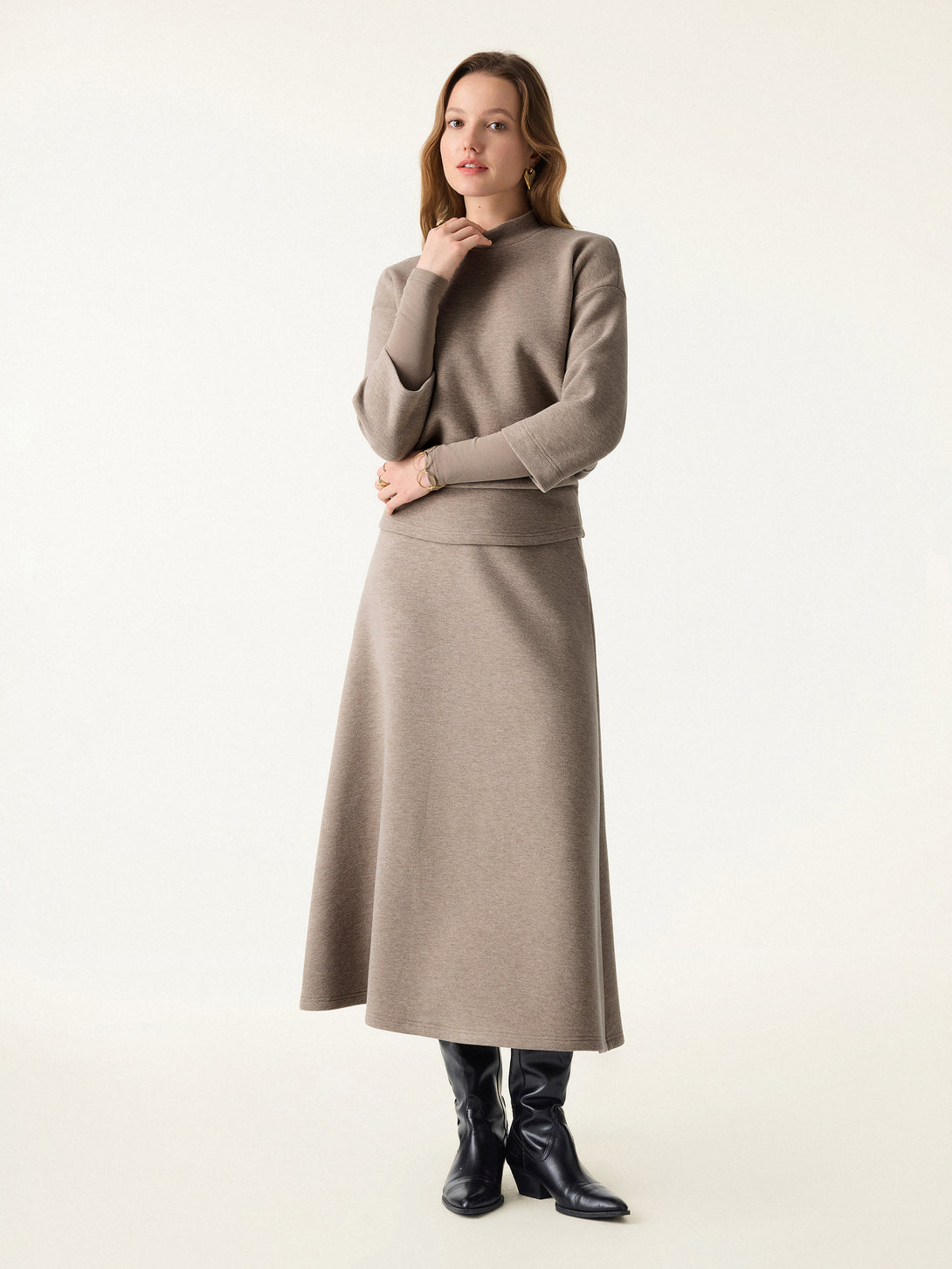 2Pcs Set FuzzLuxe Mockneck Sleeve-Warmer Top & Midi A-line Circle Skirt