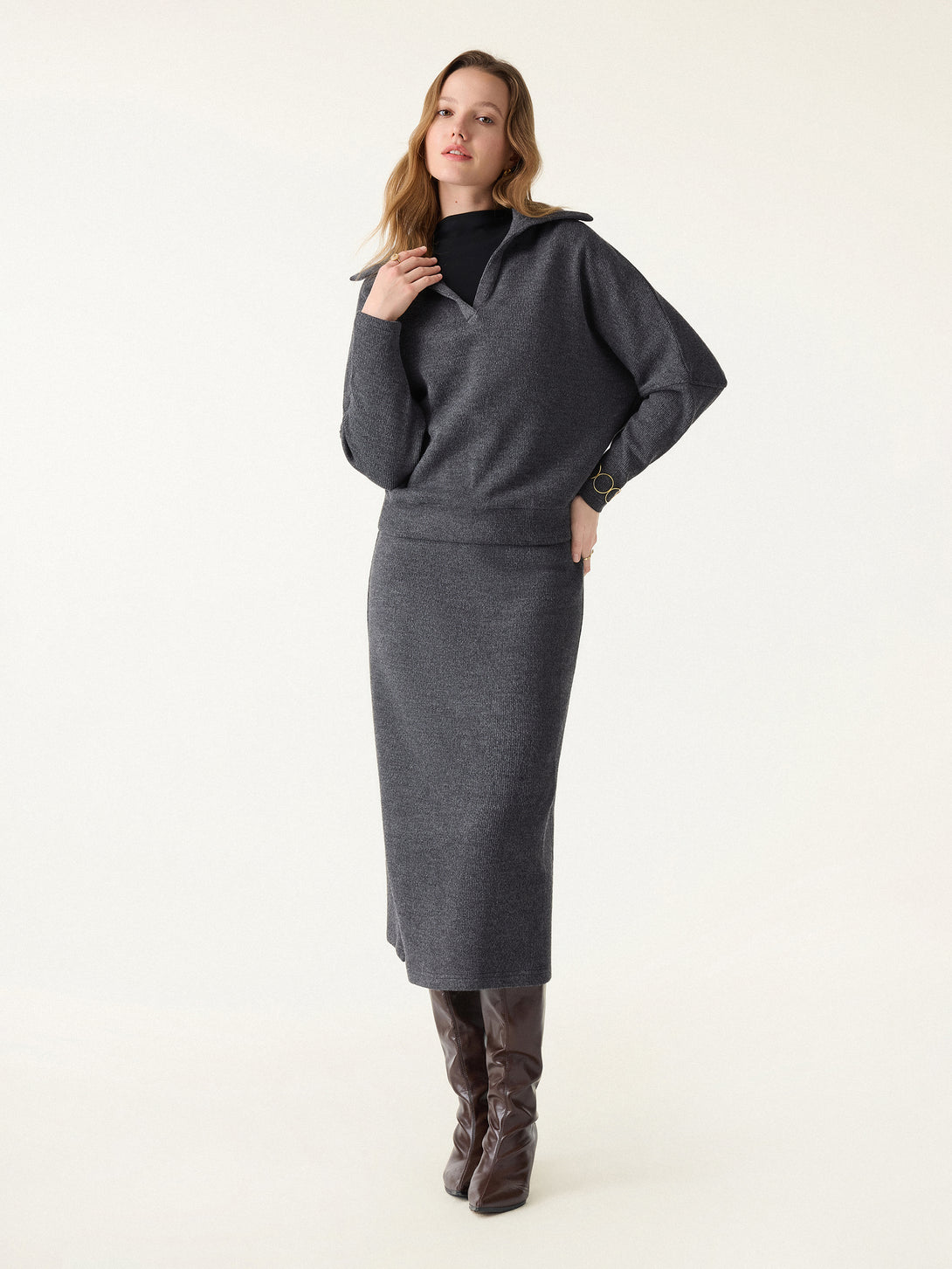 2Pcs Set Collared V-Neck Batwing Pullover & H-line Pull-on Midi Skirt