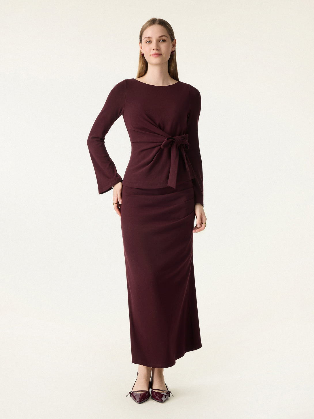 2Pcs Set Bow-Tie Belted Bell Sleeve Brami & Stretchy Tucked Flare Maxi Skirt