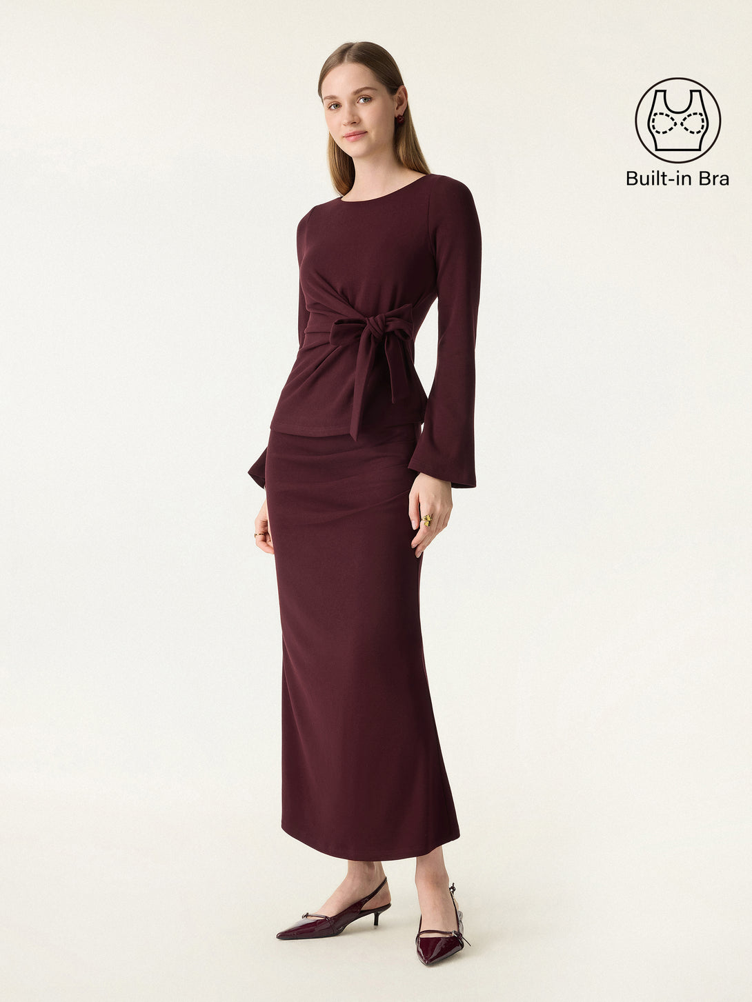 2Pcs Set Bow-Tie Belted Bell Sleeve Brami & Stretchy Tucked Flare Maxi Skirt