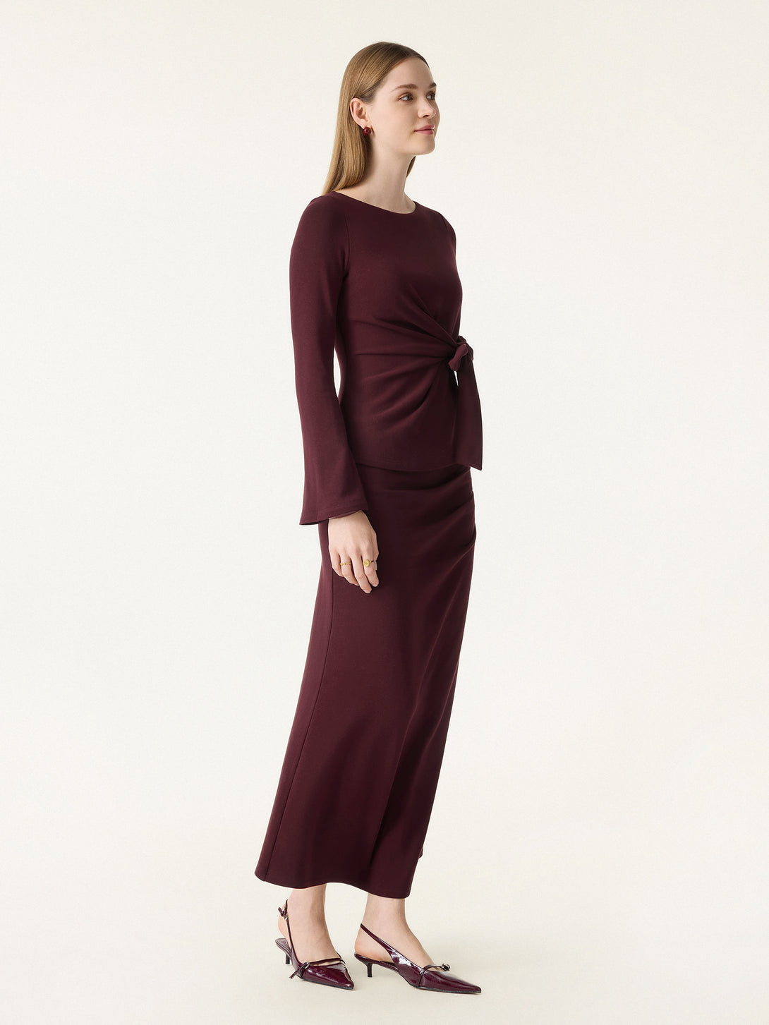 2Pcs Set Bow-Tie Belted Bell Sleeve Brami & Stretchy Tucked Flare Maxi Skirt