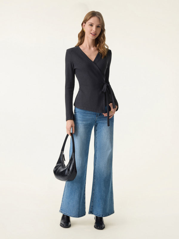 OGLmove MaxWarm Wide Ribbed Crossover Long Sleeve Tie-Waist Top