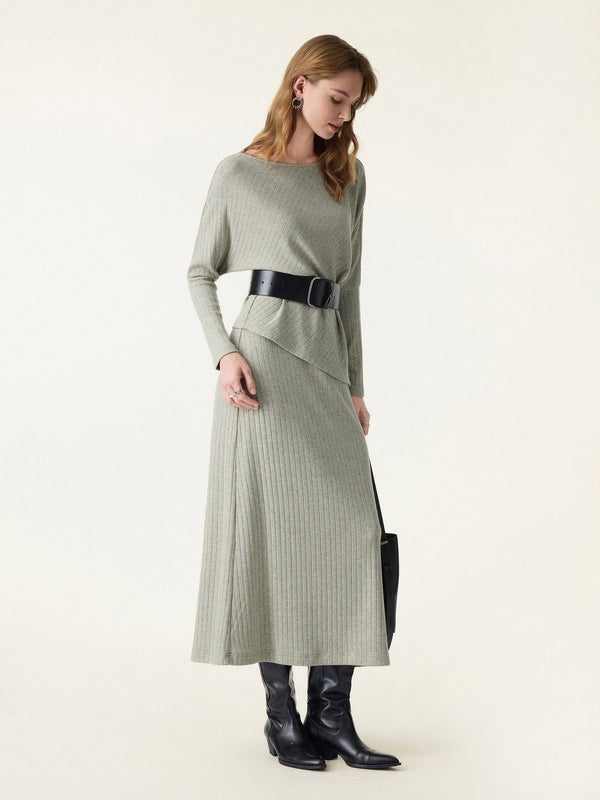 2Pcs Set Boatneck Asymmetrical Top & Wide Rib Soft Drape Midi Skirt Heather Light Sage XS