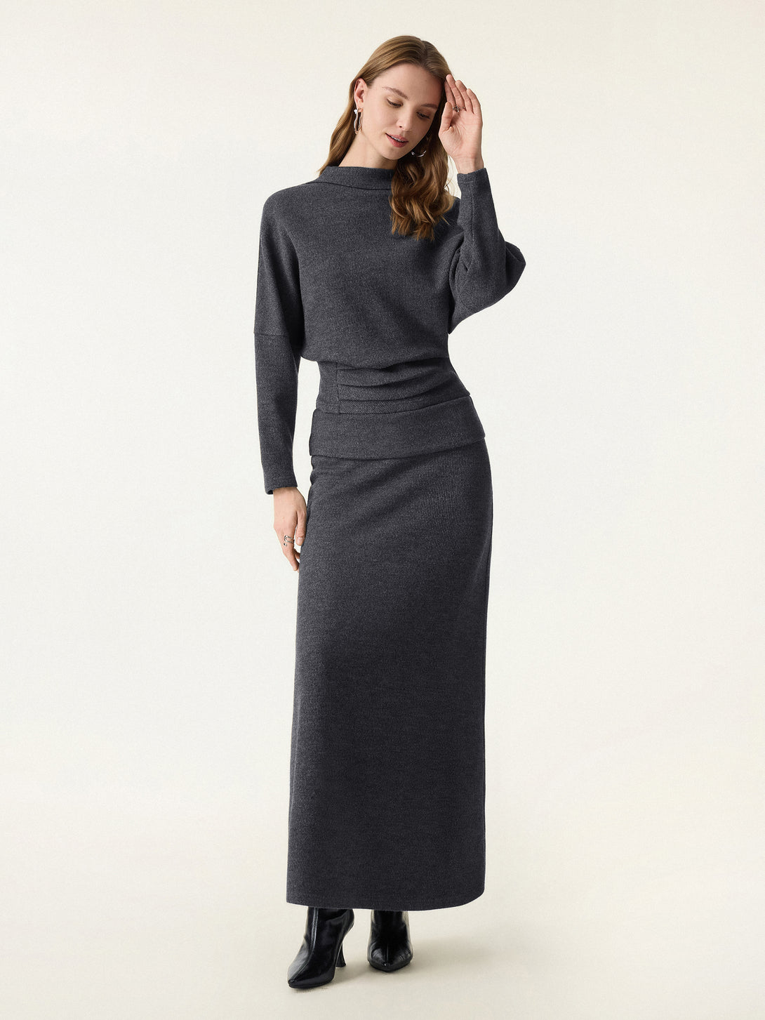 2Pcs Set Mockneck Tucked Top & Fold-Down Waistband A-line Maxi Skirt