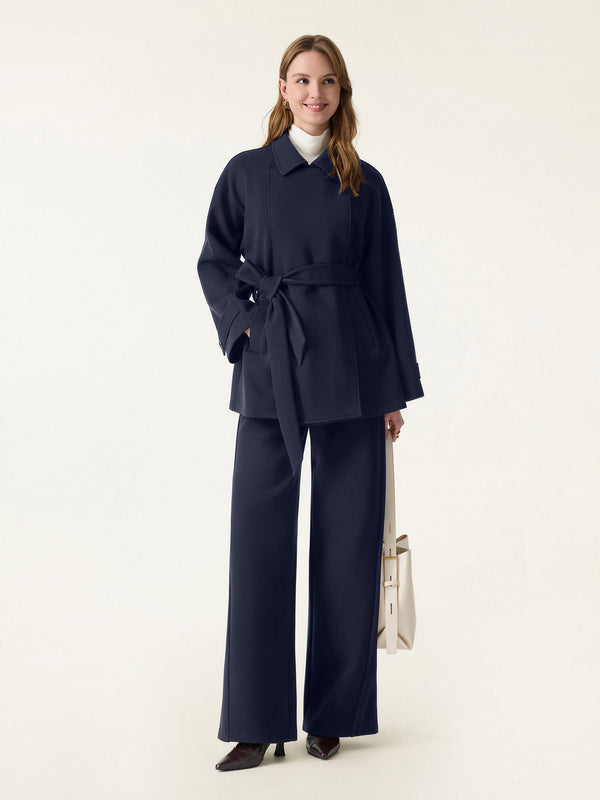 2Pcs Set Convertible Collar Belted Coat & Panel Wide Leg Pants with Pockets