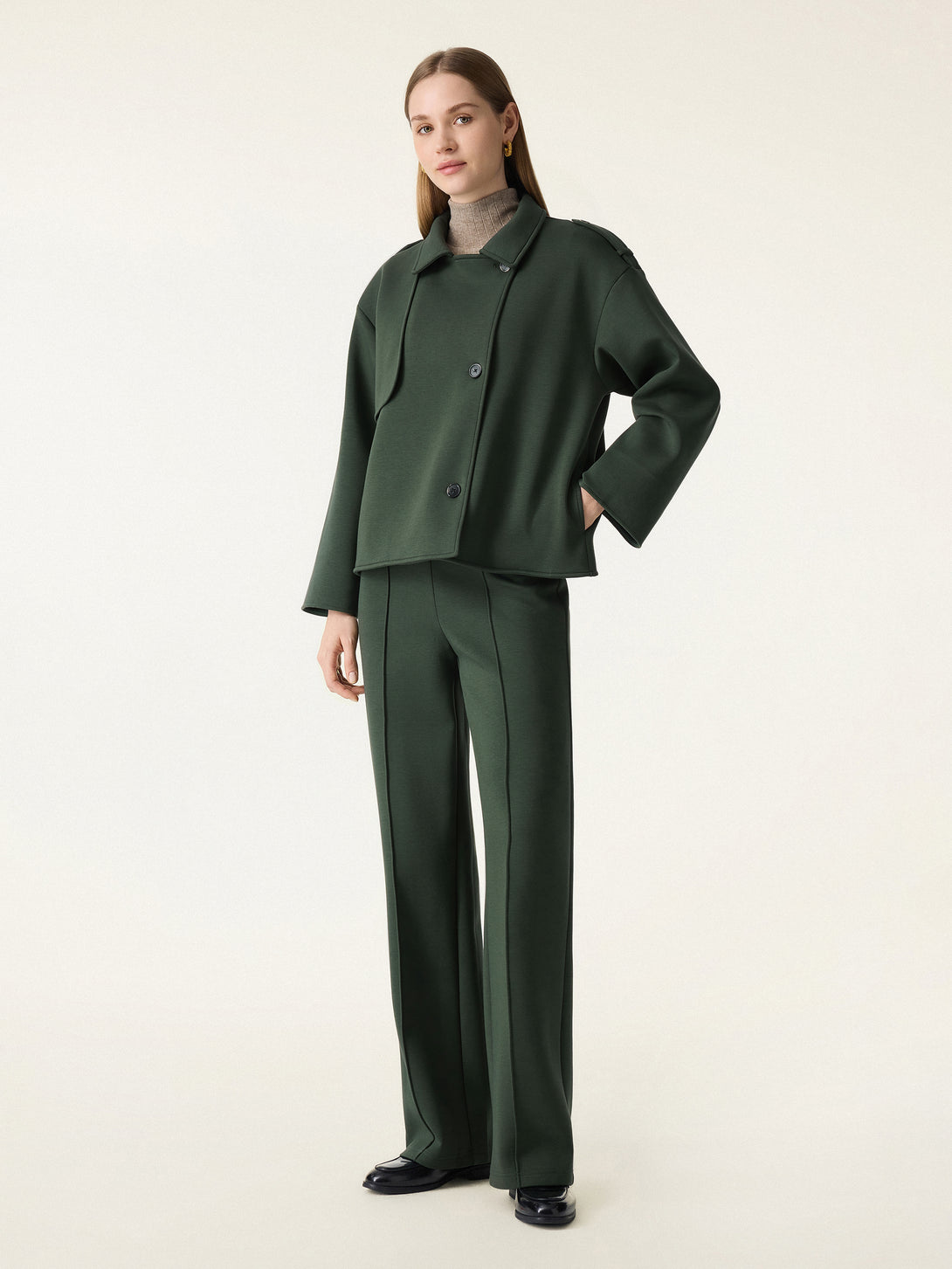 2Pcs Set Convertible Collar Buttoned Coat & Tummy-Control The Comfort Pant