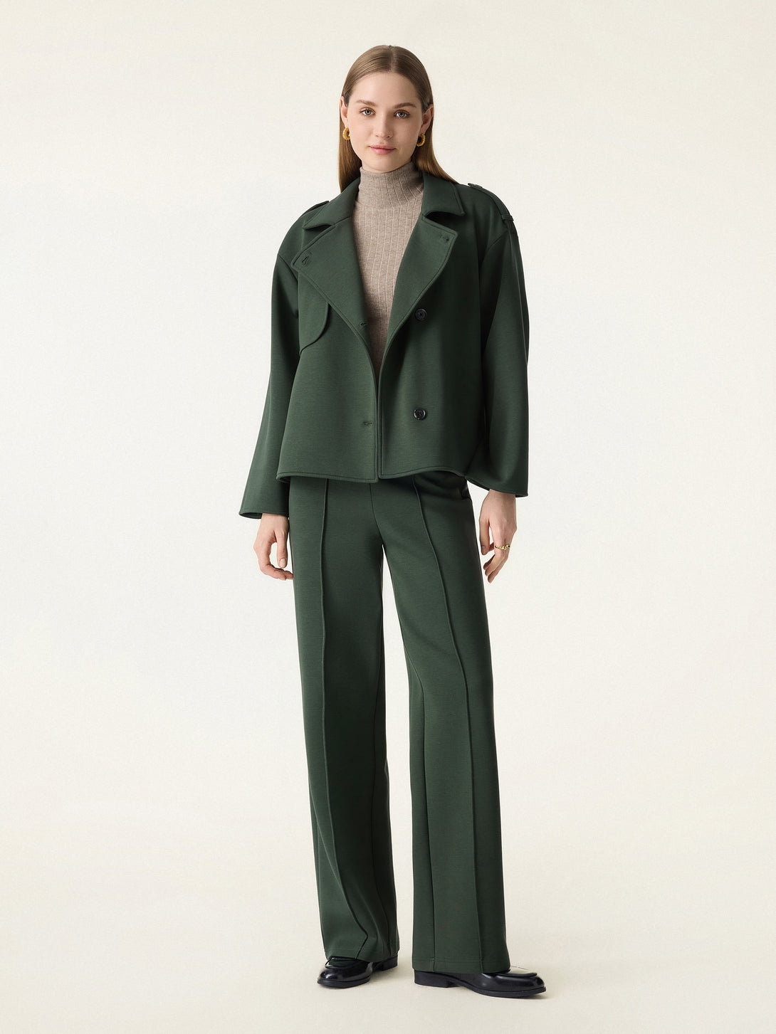 2Pcs Set Convertible Collar Buttoned Coat & Tummy-Control The Comfort Pant Evergreen XS