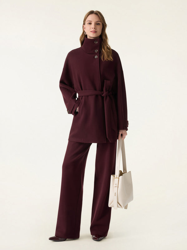 2Pcs Set Stand Collar Belted Coat & Mid Rise Straight Pull-on Pants with Pockets