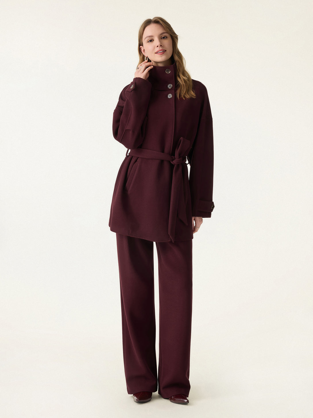 2Pcs Set Stand Collar Belted Coat & Mid Rise Straight Pull-on Pants with Pockets