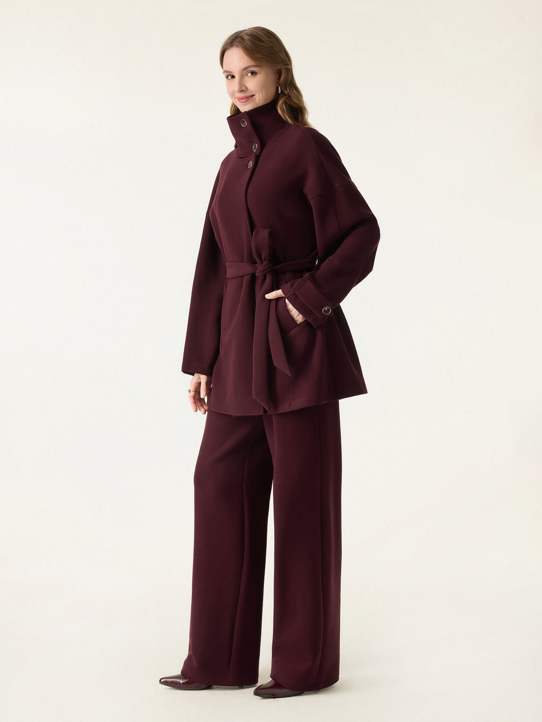 2Pcs Set Stand Collar Belted Coat & Mid Rise Straight Pull-on Pants with Pockets