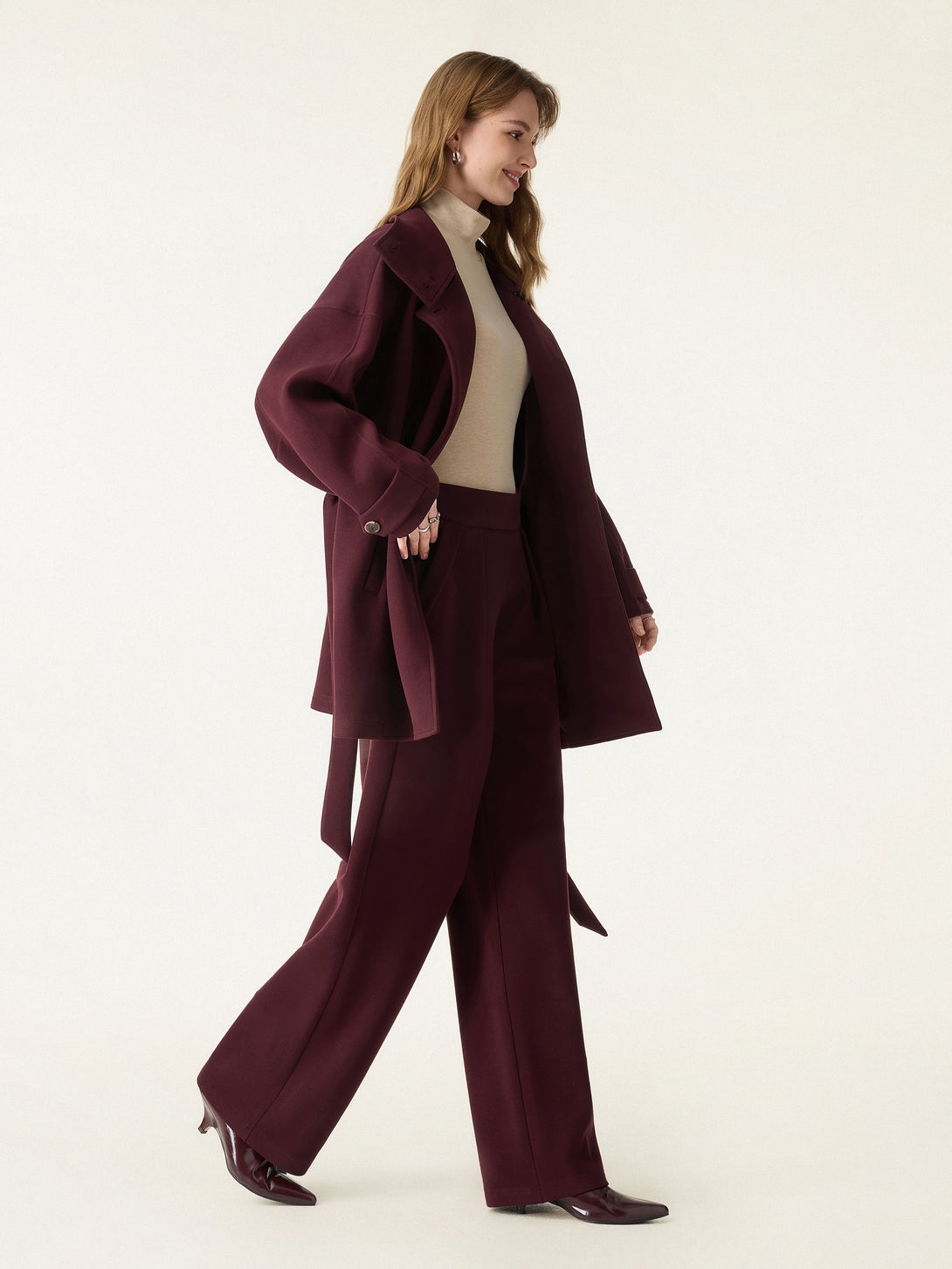 2Pcs Set Stand Collar Belted Coat & Mid Rise Straight Pull-on Pants with Pockets