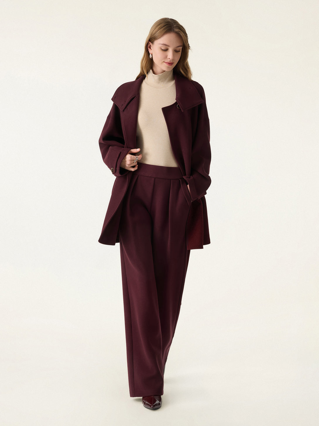 2Pcs Set Stand Collar Belted Coat & Mid Rise Straight Pull-on Pants with Pockets