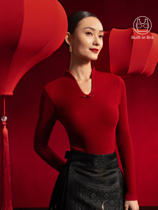 Ribbed Stand V-neck Frog Button Long Sleeve Brami Limited Edition Burgundy XS