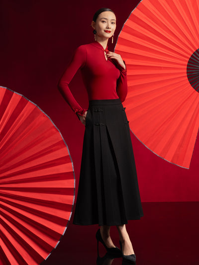 Pleated Frog Button Decor Midi A-line Skirt Limited Edition Retro Red XS