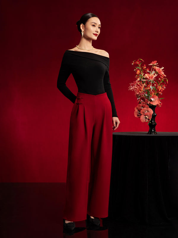 Statement Frog Button High Rise Wide Leg Pants with Pockets Limited Edition