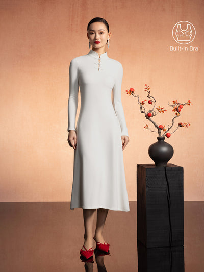 Mandarin Collar Frog Button Midi Brami Dress Limited Edition Off White XS