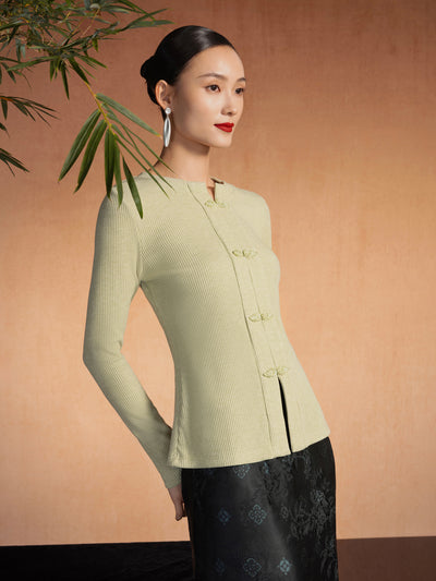 Ribbed Frog Button Round Neck Long Sleeve Top Limited Edition Lime Ash XS