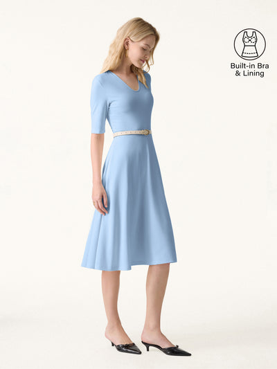 V-Neck Elbow Sleeve Midi Brami Dress with Pockets Steel Blue XS