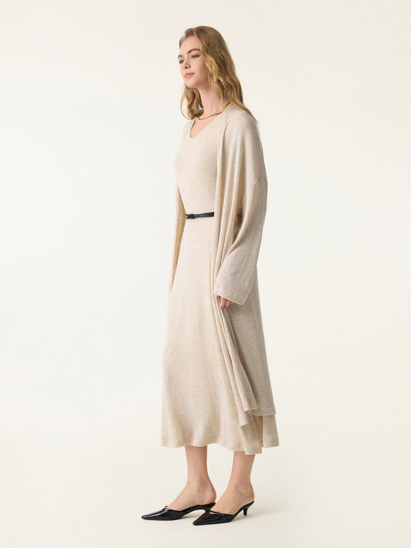 2Pcs Set Open Front Cardigan with Pockets & V-Neck Flared Midi Brami Dress