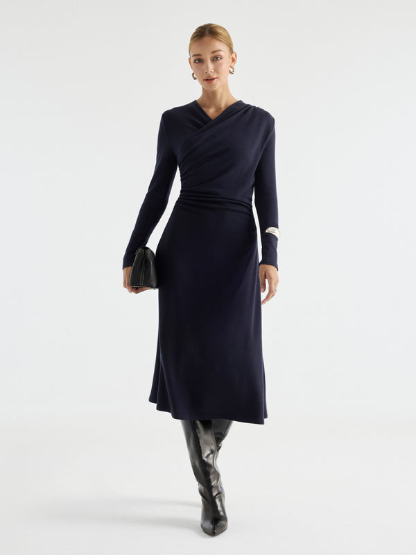OGLmove ProWarm Crossover Wrap Neck Long Sleeve Ruched Midi Dress