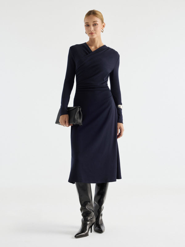 OGLmove ProWarm Crossover Wrap Neck Long Sleeve Ruched Midi Dress Smoky Navy XXS
