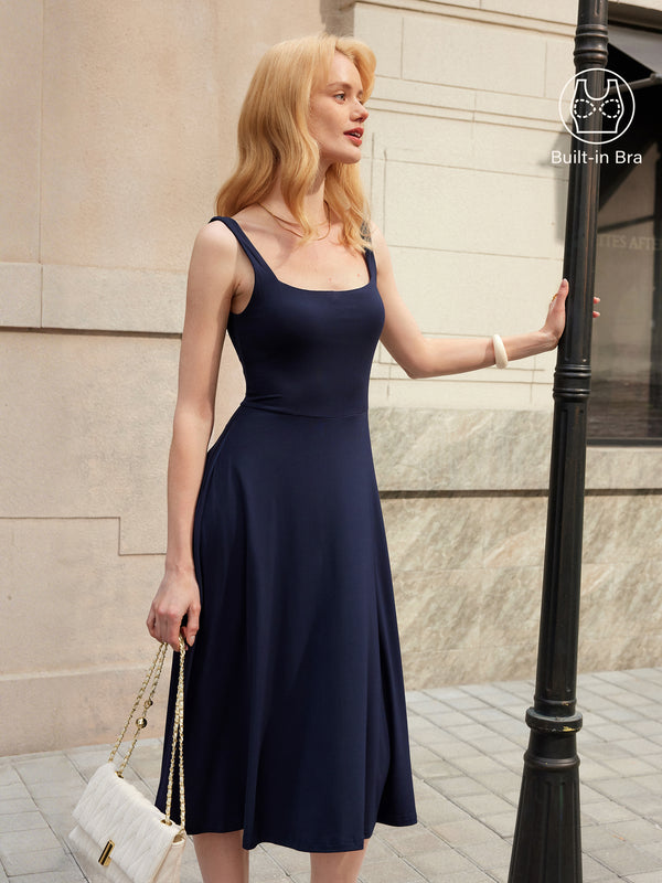 OGLmove Square Neck Flowy New Airy Bra Midi Dress