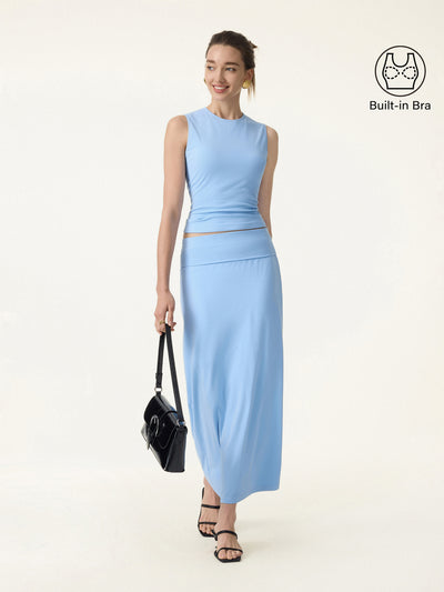 OGLmove 2Pcs Set Open-Back Bra Tank & Fold-Down Waistband Midi Skirt