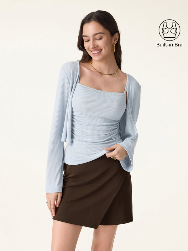 OGLmove 2Pcs Set Bell Sleeve Cardigan & Adjustable Spaghetti Bra Tank Salt Blue XS