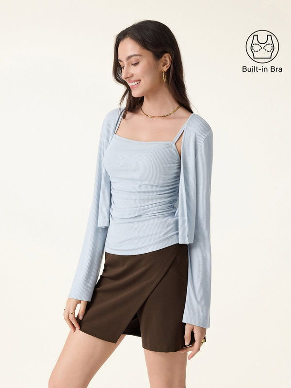 OGLmove 2Pcs Set Bell Sleeve Cardigan & Adjustable Spaghetti Bra Tank