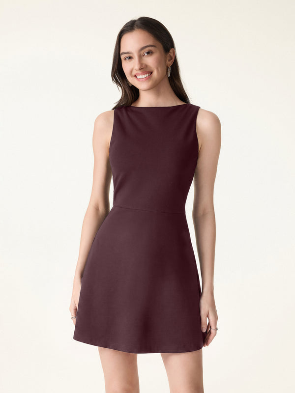 OGLmove Classy Boatneck Fit-and-Flare Mini Bra Dress Ruby Red XS