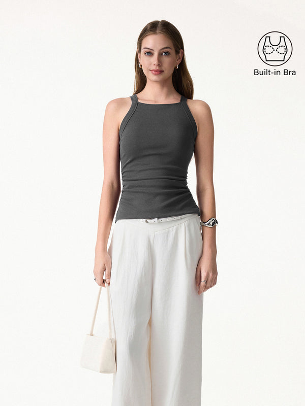 OGLmove Square Neck Ruched Rib Bra Tank Davy XS
