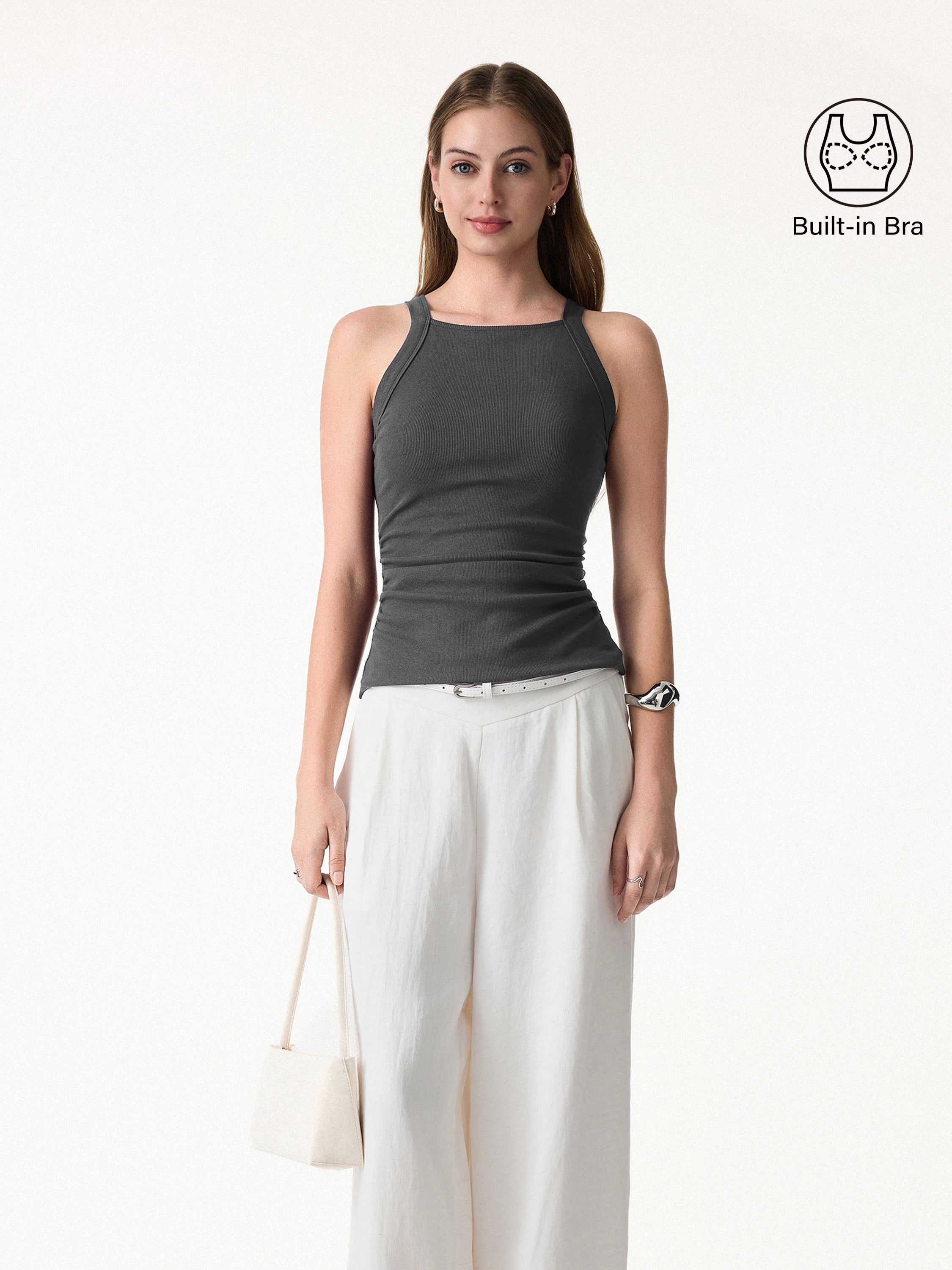 Square Neck Ruched Rib Bra Tank