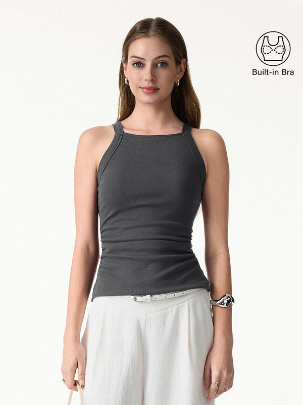 OGLmove Square Neck Ruched Rib Bra Tank Davy XS