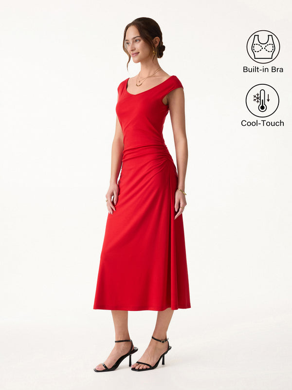 OGLmove Cooling Lyocell V-Neck Ruched Midi Bra Dress Scarlet Red XS
