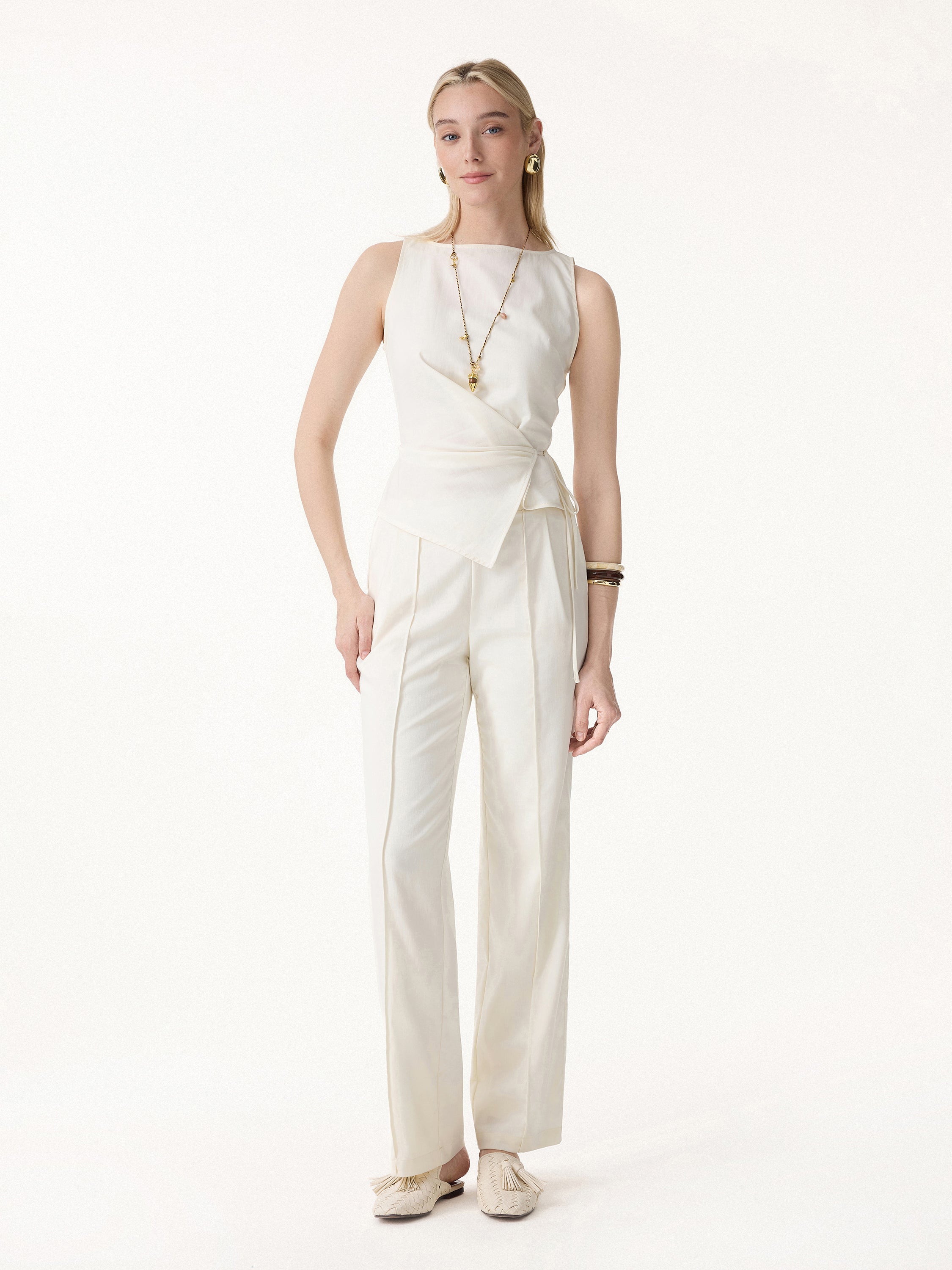 2Pcs Set Boatneck Waist Defined Top & Pintuck Wide Leg Pant