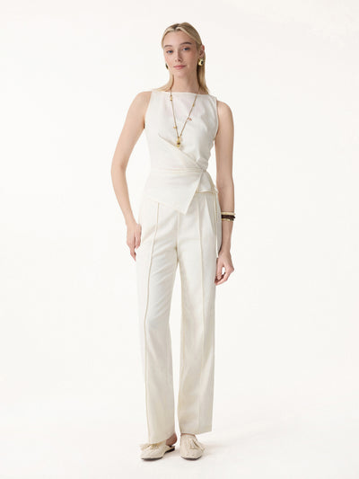 OGLmove 2Pcs Set Boatneck Waist-Defined Top & Pintuck Wide Leg Pant Eggnog XS