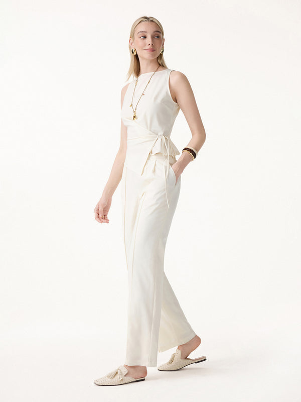 OGLmove 2Pcs Set Boatneck Waist-Defined Top & Pintuck Wide Leg Pant