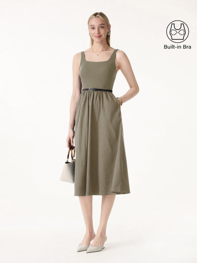 OGLmove Cotton-Linen Blend Square Neck Fit-and-Flare Midi Bra Dress