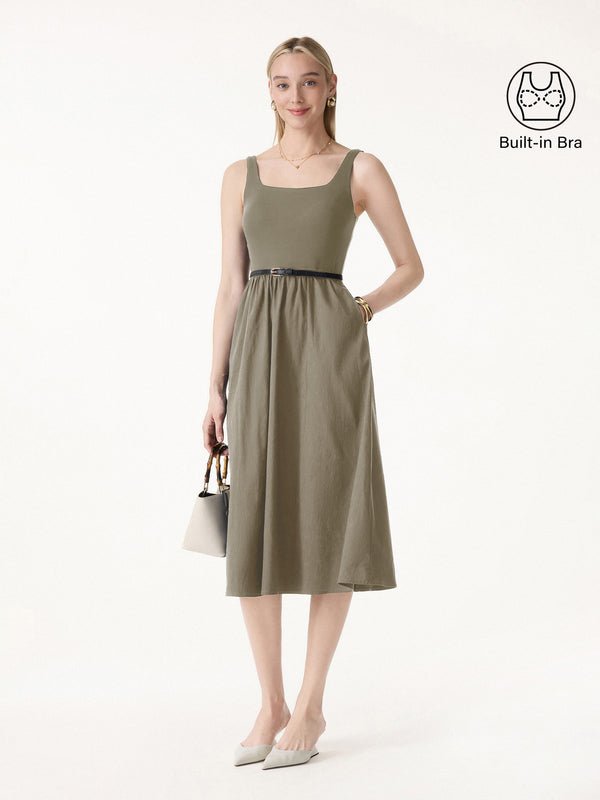 Casual Regular Fit Desert Sage Green/L Midi Dresses Sleeveless Square Neck Women Dresses OGLmove