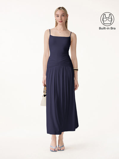 OGLmove Not-See-Thru Spaghetti Gathered Maxi Bra Dress Midnight Navy XS