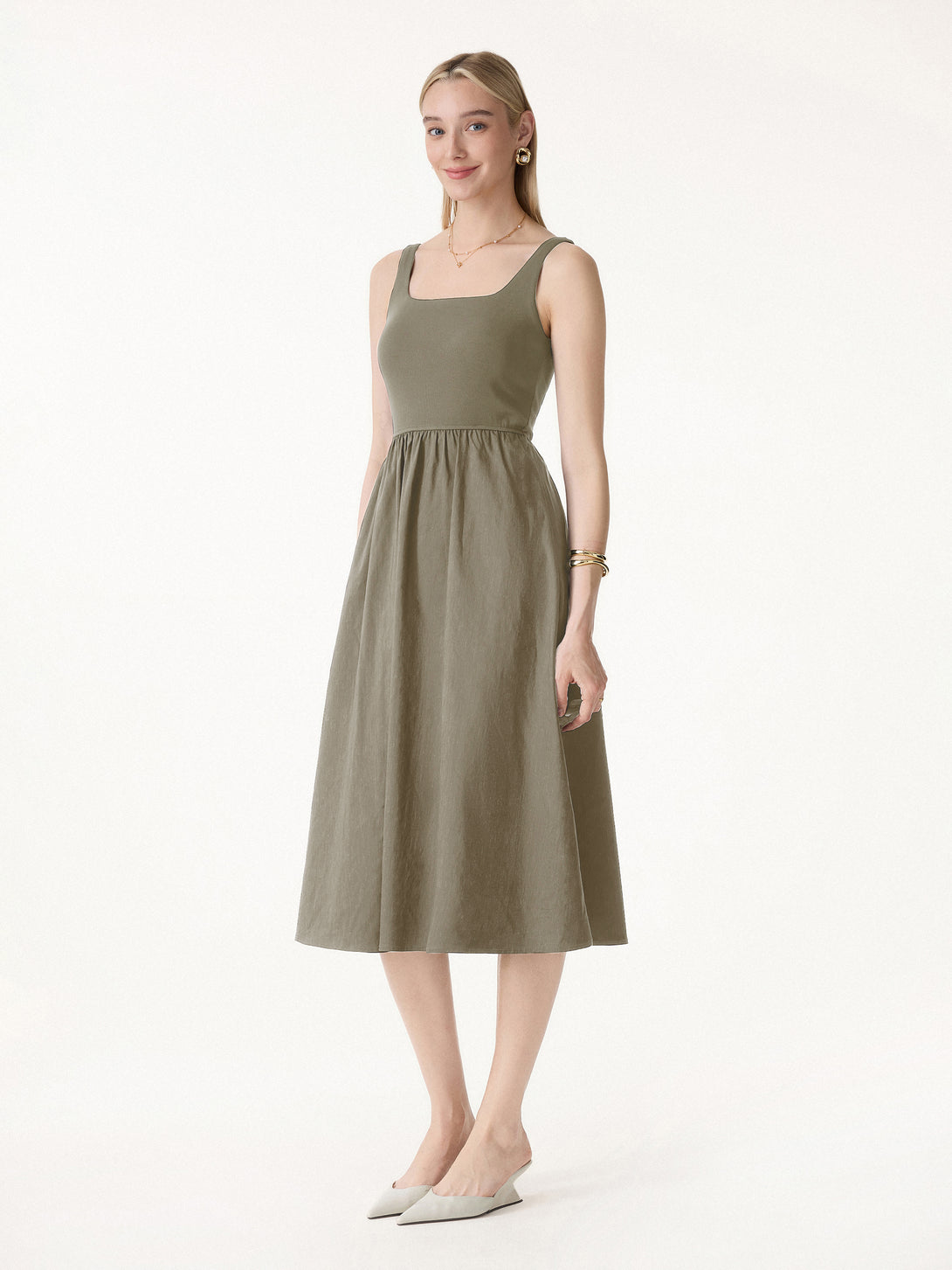 Casual Regular Fit Desert Sage Green/L Midi Dresses Sleeveless Square Neck Women Dresses OGLmove Casual Regular Fit Desert Sage Green/L Midi Dresses Sleeveless Square Neck Women Dresses OGLmove
