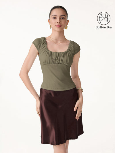 OGLmove Linen Blend Jersey Ruched Square Neck Cropped Bra Top