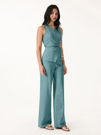 OGLmove 2Pcs Set Wrap Top with Self-Tie & Drawstring Wide Leg Pant with Pockets Stone Turquoise Blue S