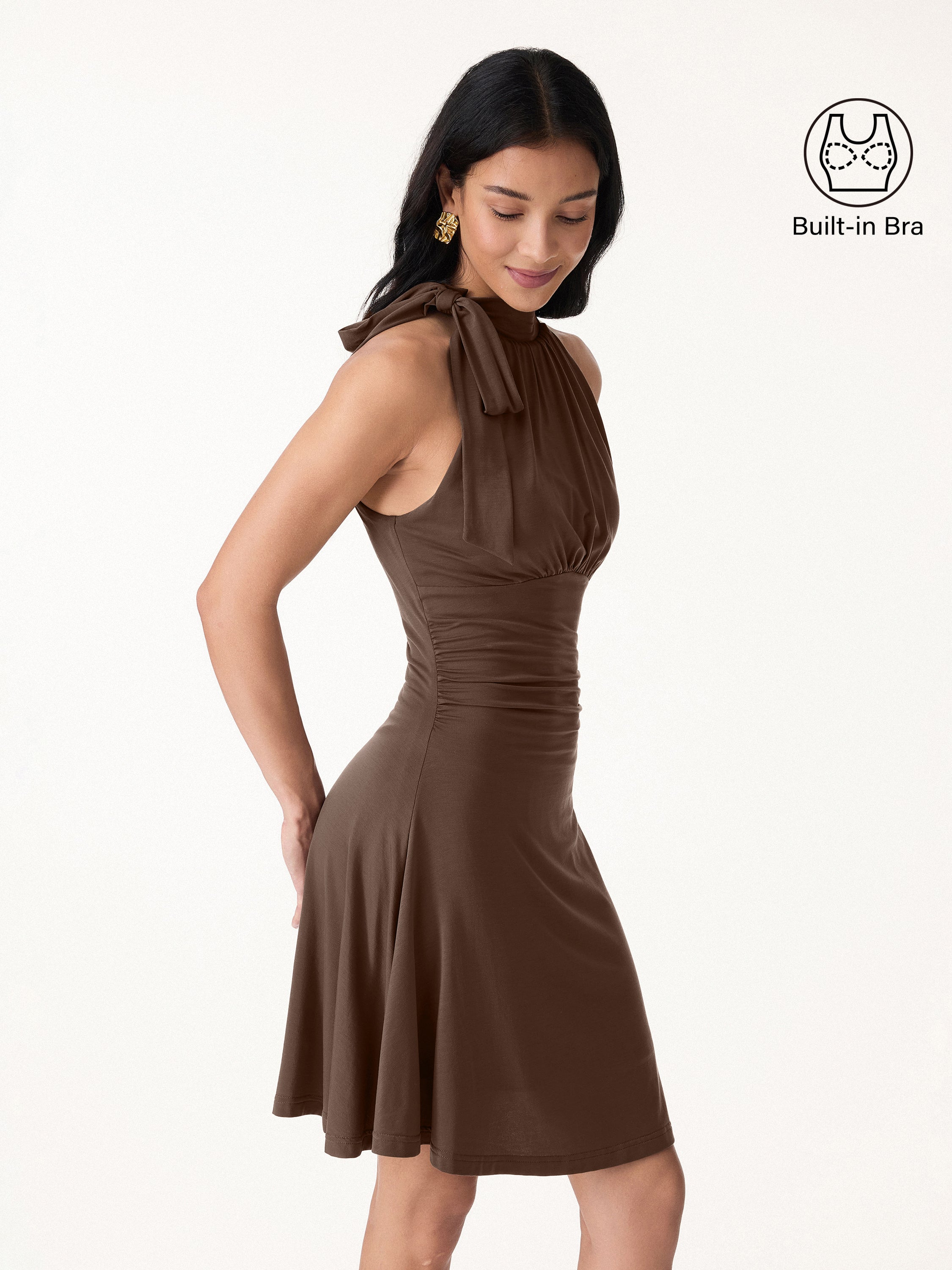 Milky Matte Mockneck Bow Tie Ruched Mini Bra Dress