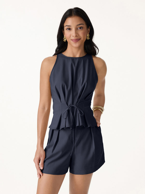 OGLmove Summer Linen Pleated Self-Tie Top Universe Navy XS